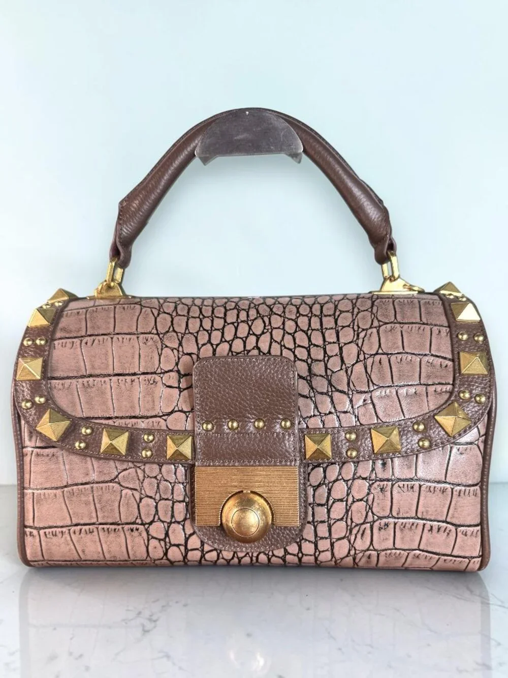 Sharif 1827 Croc-Embossed Leather Studded Top Handle Satchel Sample Bag - New